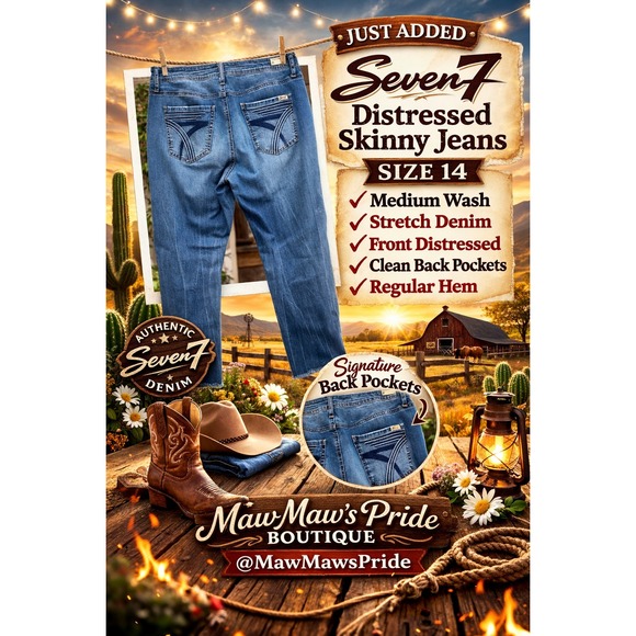 Seven7 Denim - Seven7 Distressed Skinny Jeans Size 14 Medium Wash Stretch Denim